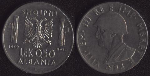 Албания 0.50 лека 1939 Албания 0.50 лека 1939