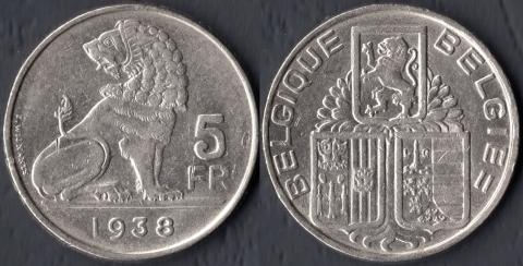 Бельгия 5 франков 1938 BELGIQUE-BELGIE