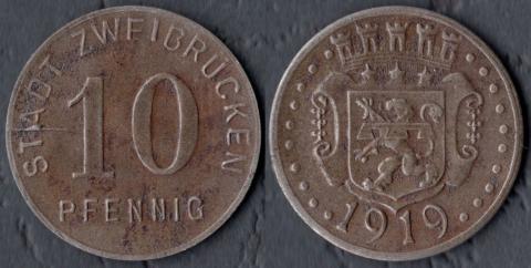 Цвайбрюкен 10 пфеннигов 1919