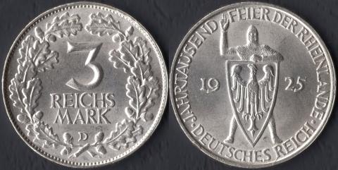 Германия 3 марки 1926 1000 лет Рейнланда