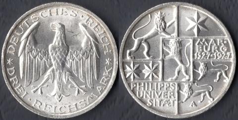 Германия 3 марки 1927 - 400 лет Университету Марбурга
