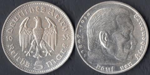 Германия Третий Рейх 5 марок 1935 Гинденбург