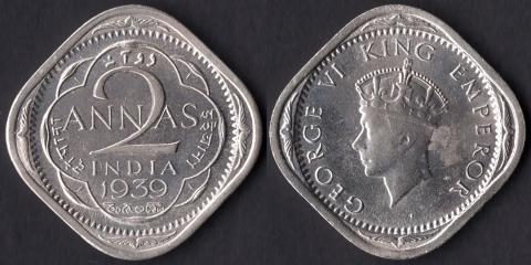 Индия Британская 2 анны 1939 (1 тип)