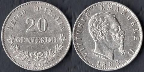 Италия 20 чентезимо 1863