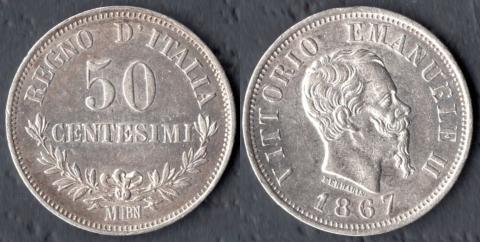 Италия 50 чентезимо 1867