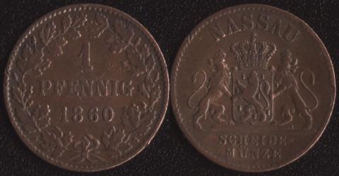 Нассау 1 пфенниг 1860